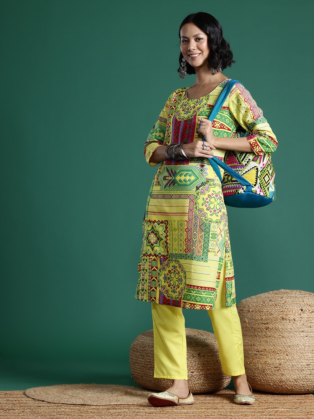 

Sangria Ethnic Motifs Print Kurta with Trousers, Yellow