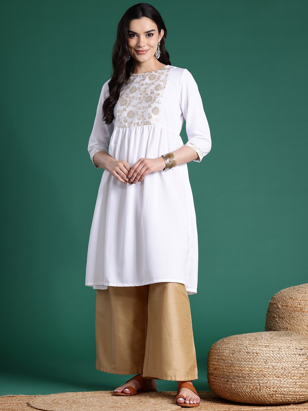 

Sangria Ethnic Motifs Embroidered A-Line Kurta, White