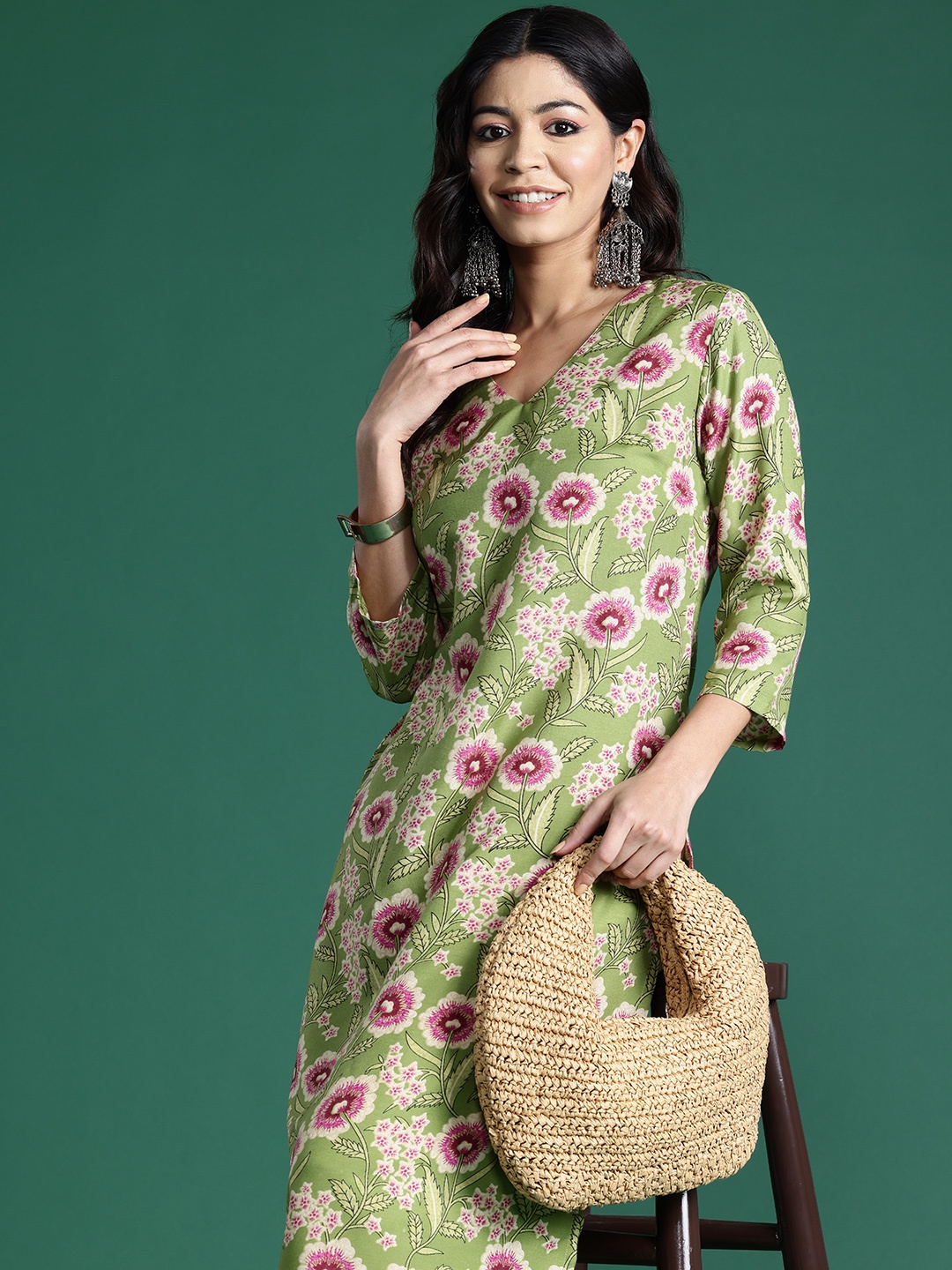 

Sangria Floral Printed Floral Kurta, Green