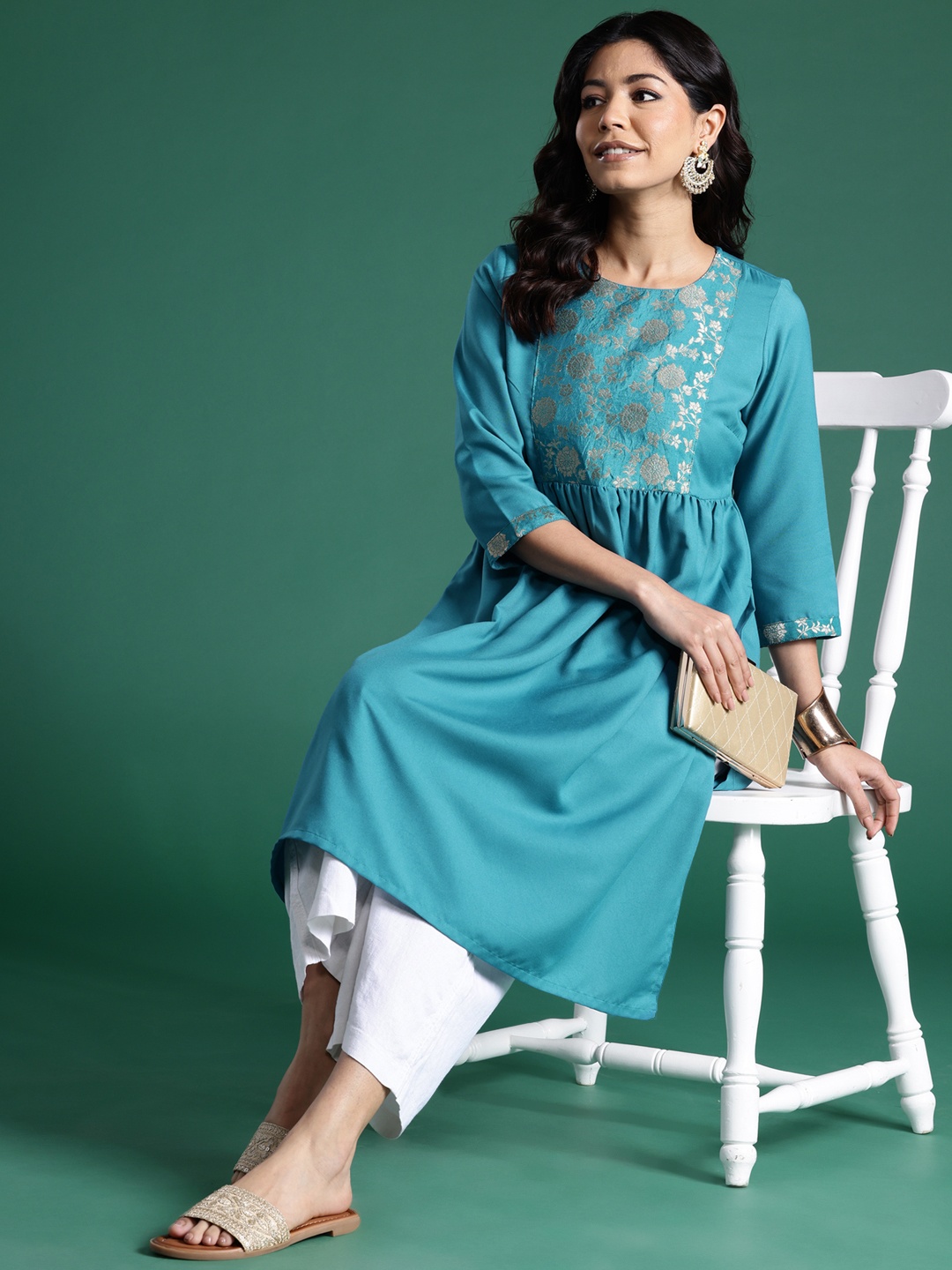 

Sangria Women Ethnic Motifs Woven A-Line Kurta, Blue