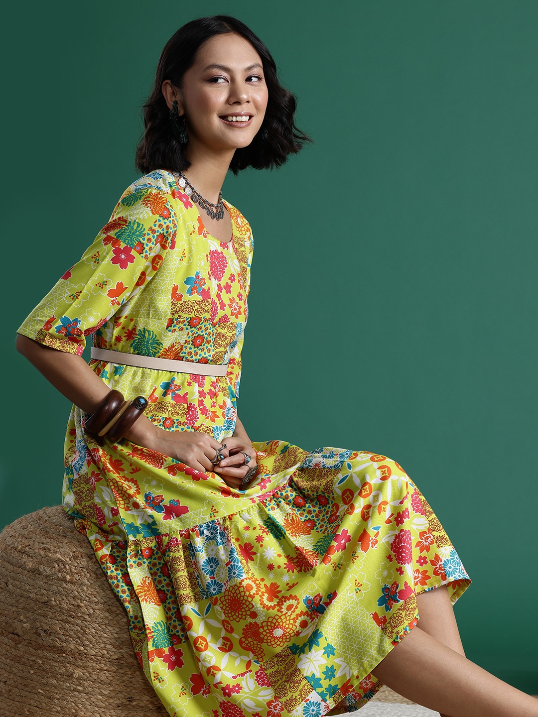 

Sangria Floral Print A-Line Midi Ethnic Dress, Lime green