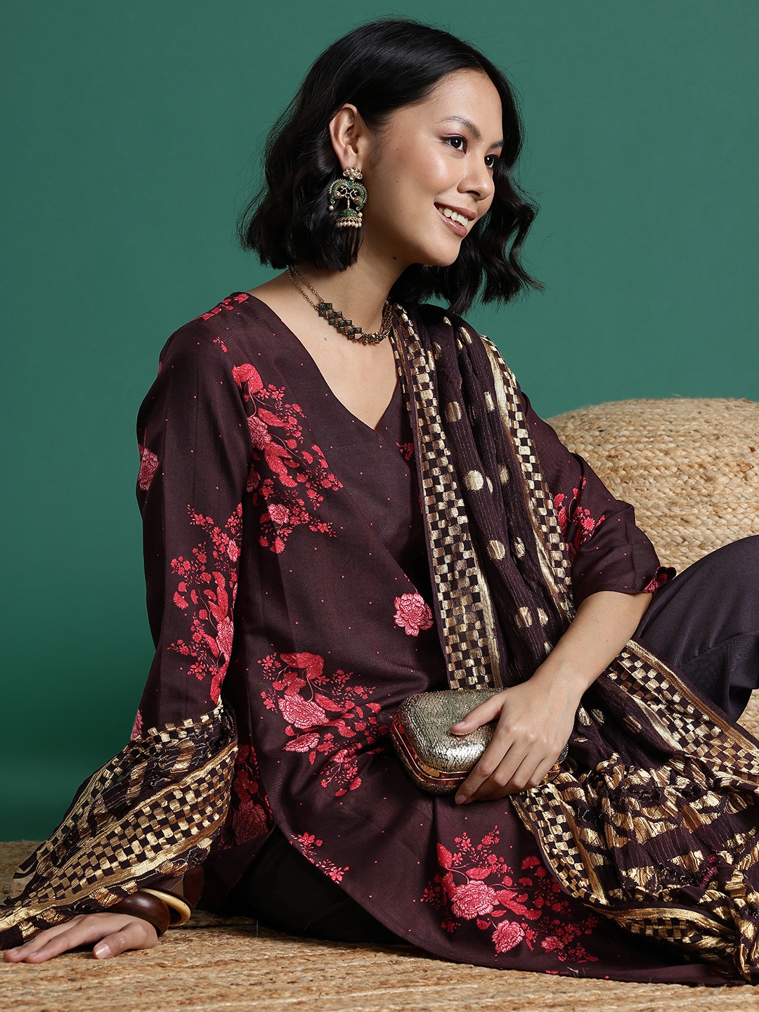

Sangria Floral Print Kurta with Trousers & Dupatta, Brown