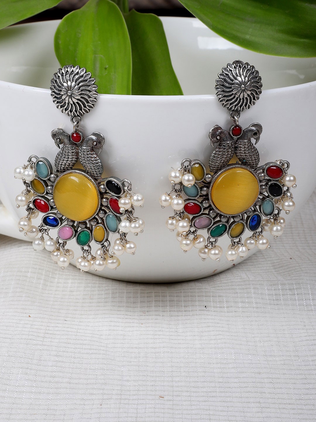 

FIROZA Artificial Stones and Beads Circular Drop Earrings, Silver