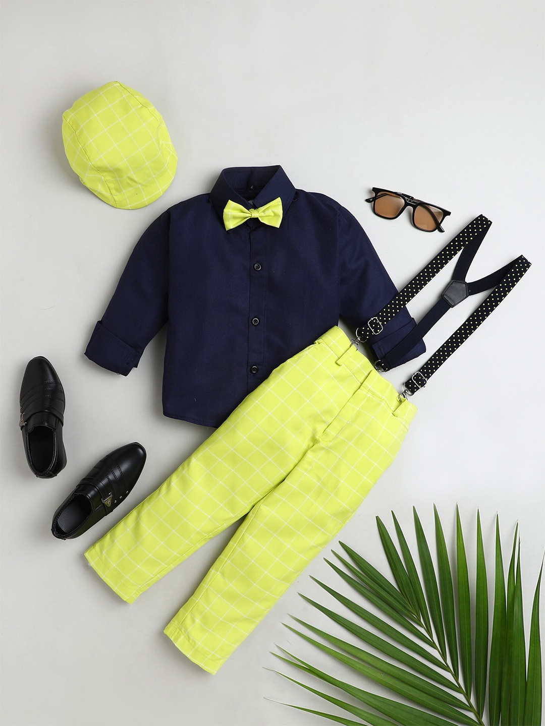 

BAESD Boys Long Sleeves Shirt With Checked Trousers With Suspenders, Yellow