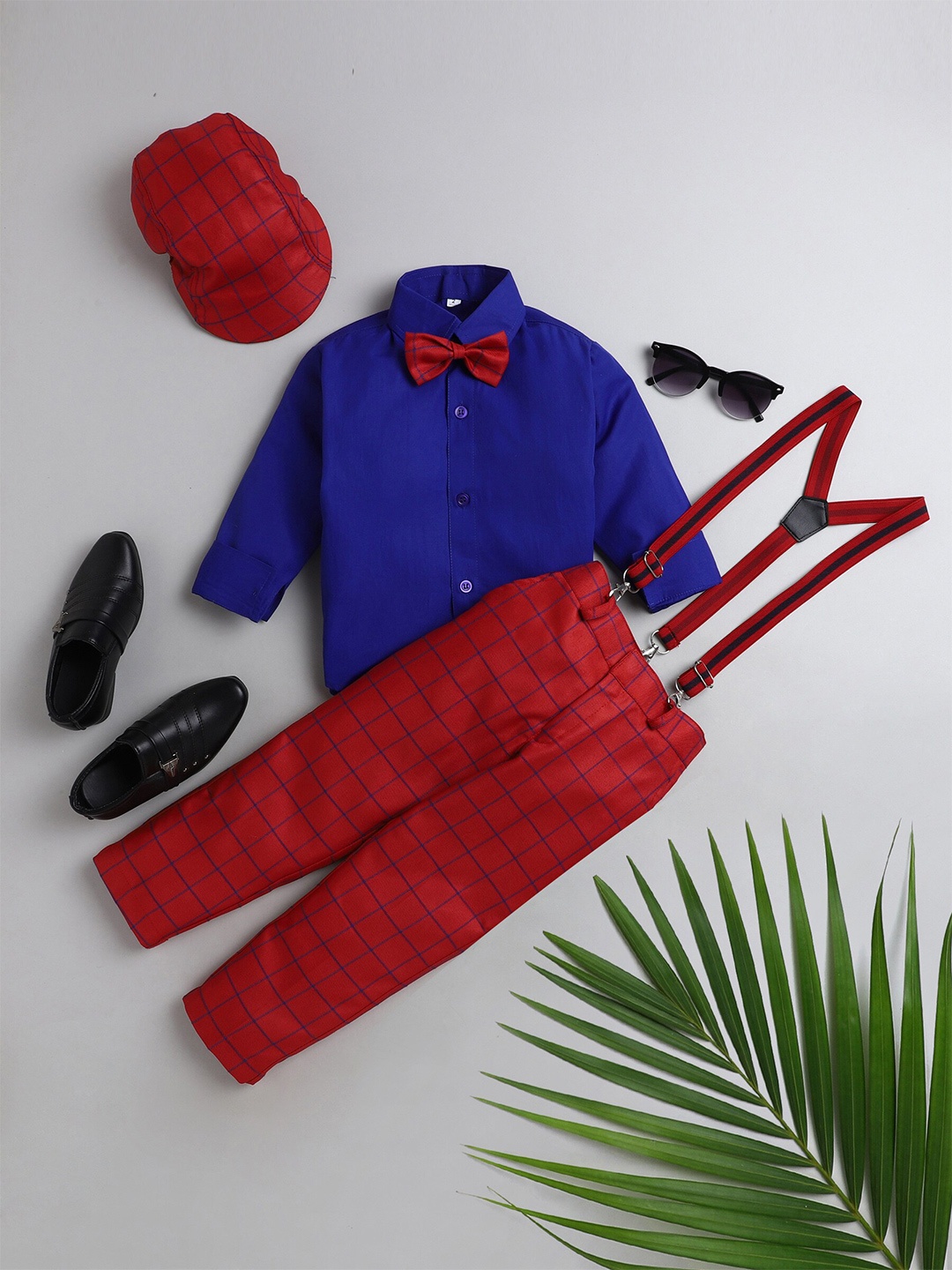 

BAESD Boys Silk Cotton Shirt & Checked Trousers With Suspenders, Red