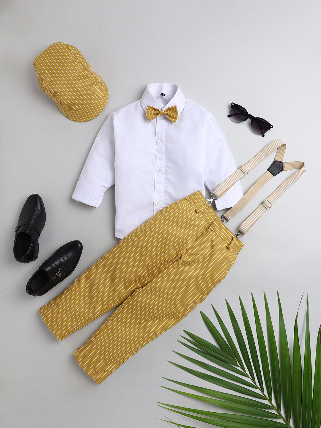 

BAESD Boys Silk Cotton Shirt & Striped Trousers With Suspenders, Yellow