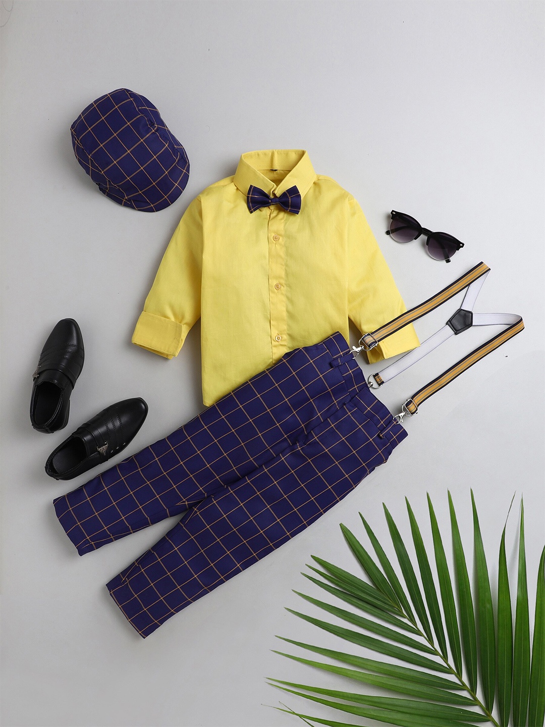 

BAESD Boys Shirt with Checked Trousers And Suspenders, Navy blue