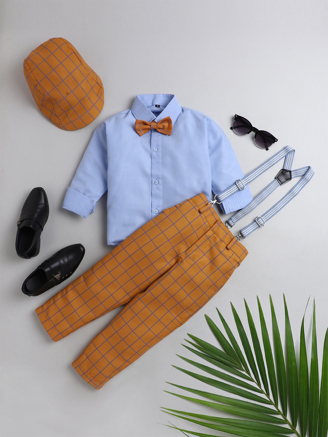 

BAESD Boys Silk Cotton Shirt & Checked Trousers With Suspenders, Orange