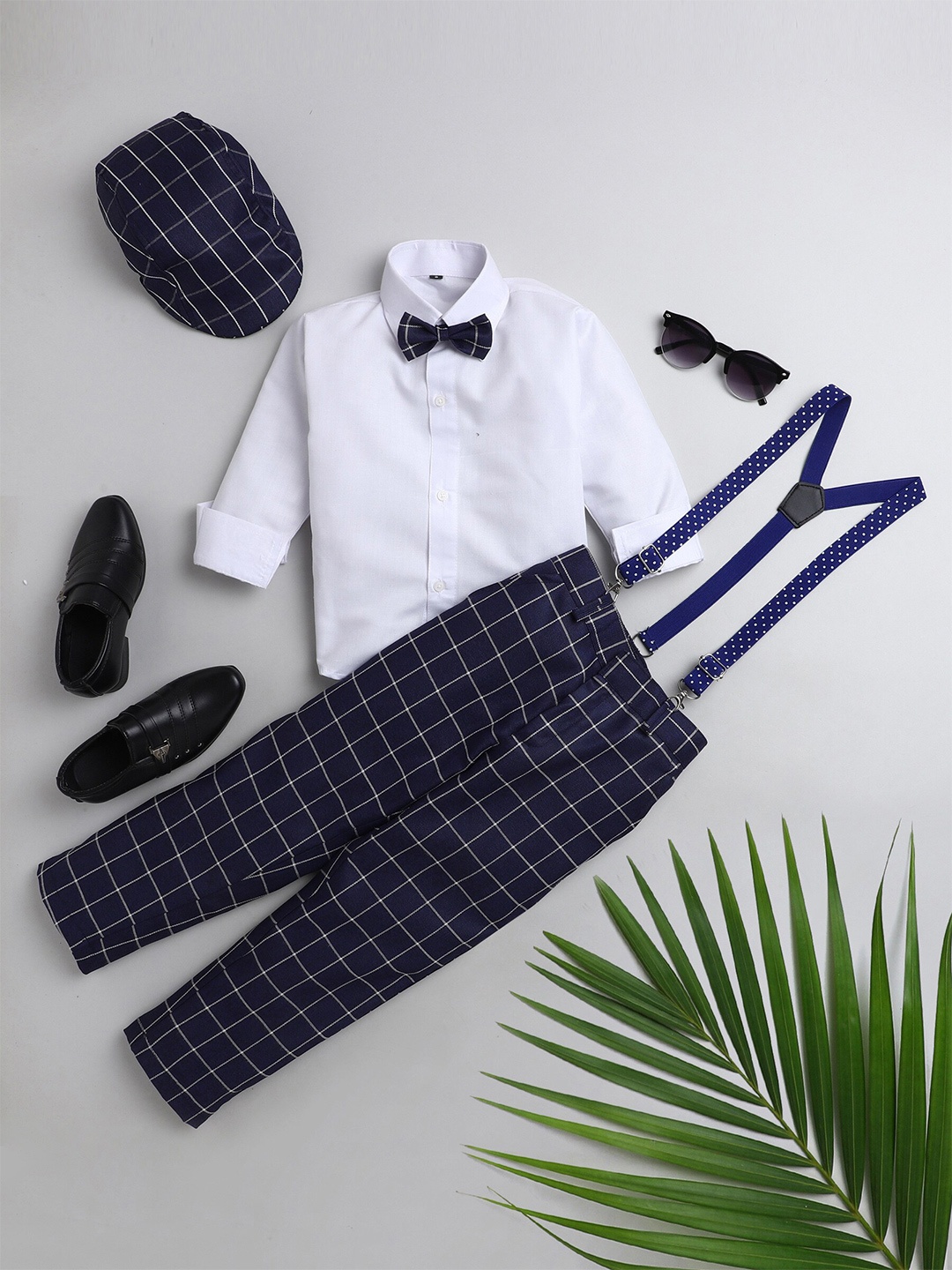 

BAESD Boys Shirt with Checked Trousers And Suspenders, Navy blue