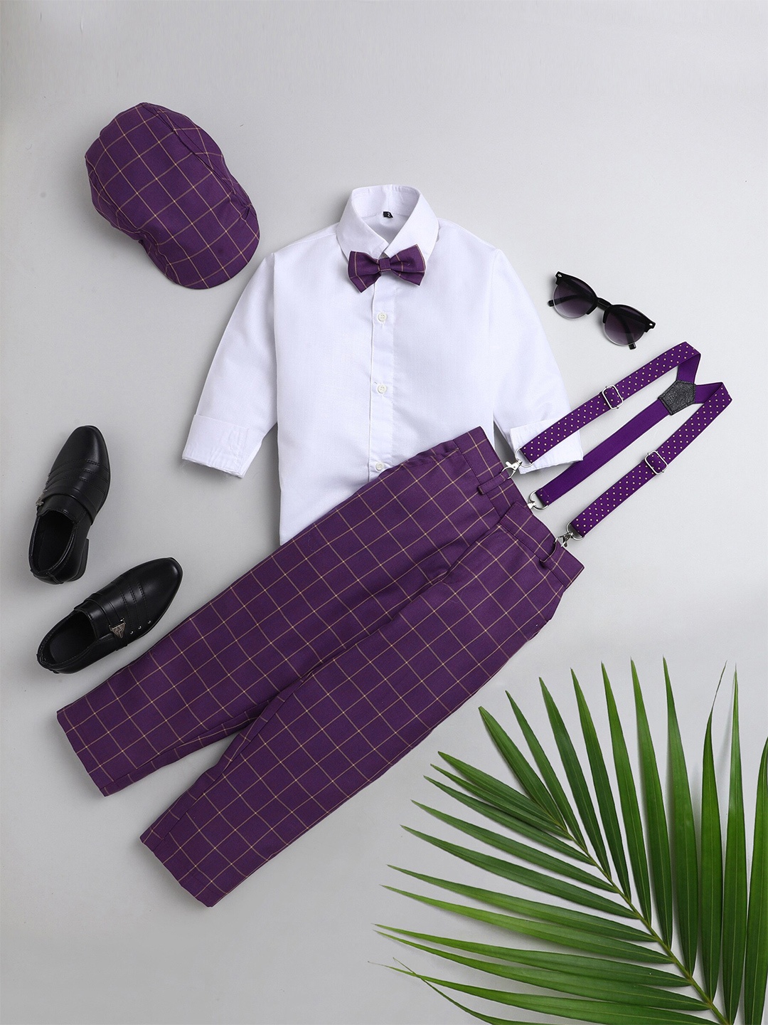 

BAESD Boys Silk Cotton Shirt & Check Trousers With Suspenders, Purple