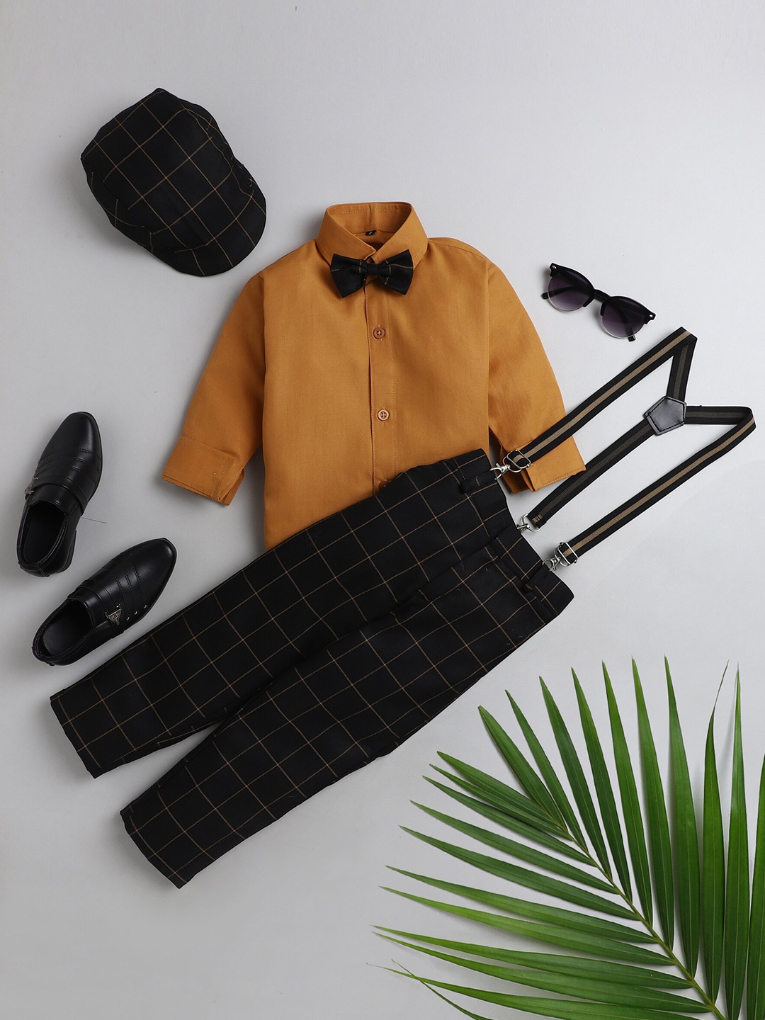 

BAESD Boys Silk Cotton Shirt & Checked Trousers With Suspenders, Black