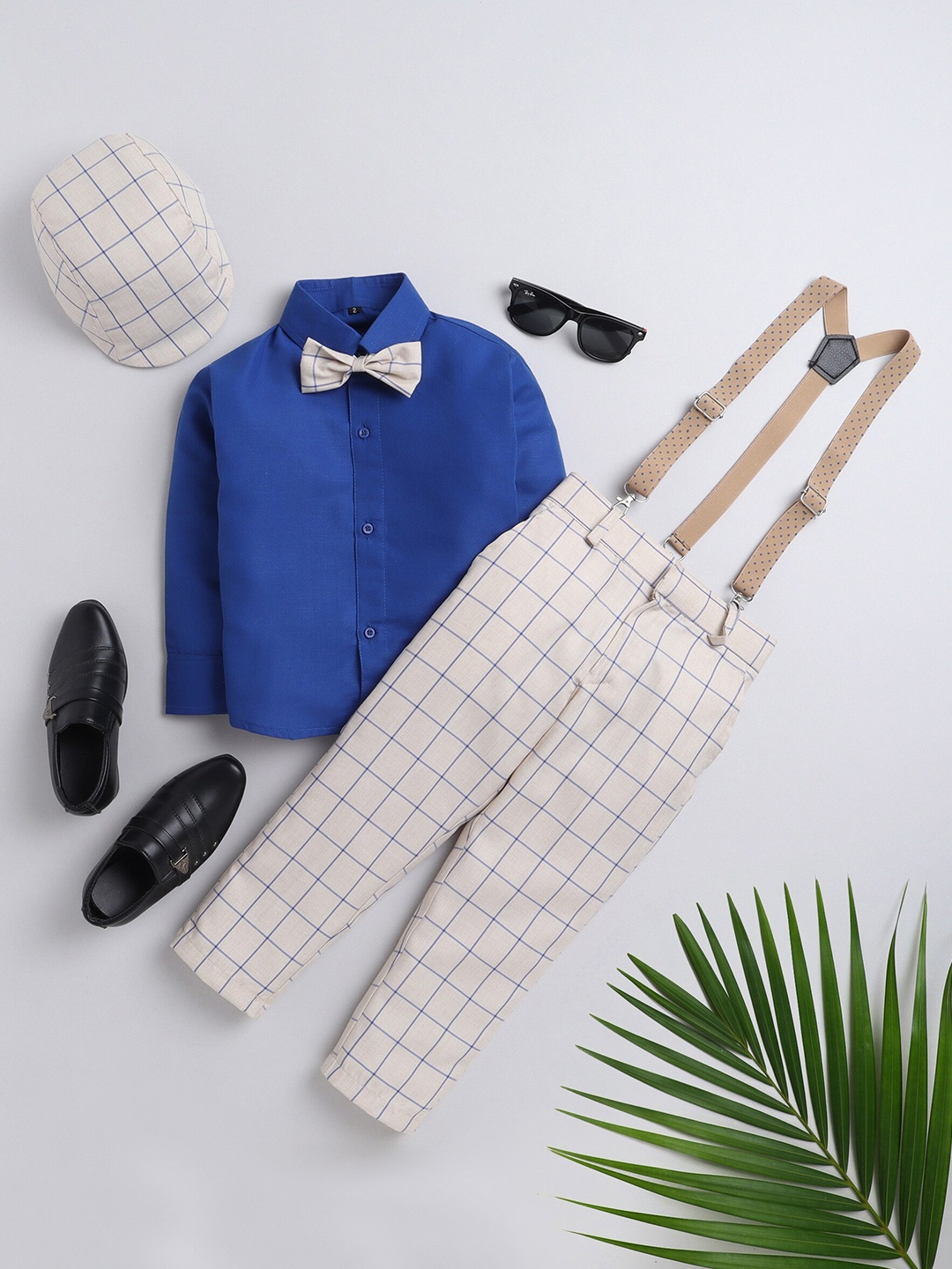 BAESD Boys Silk Cotton Shirt & Striped Trousers With Suspenders, Beige