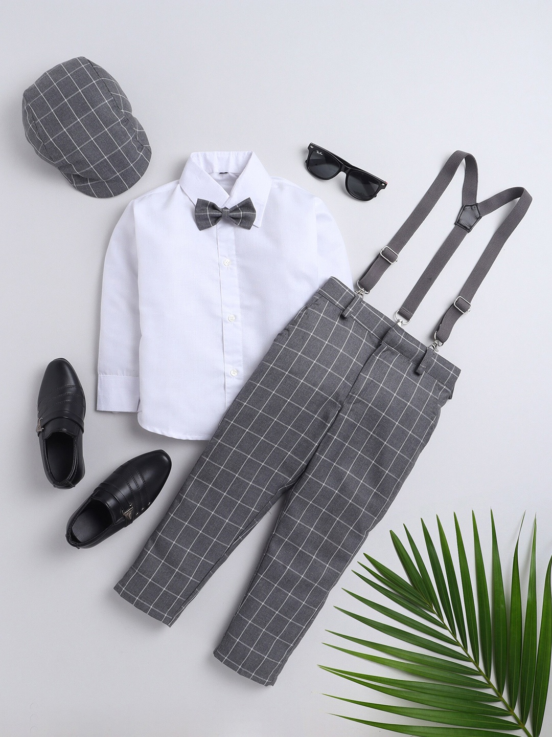 

BAESD Boys Shirt with Checked Trousers And Suspenders, Grey