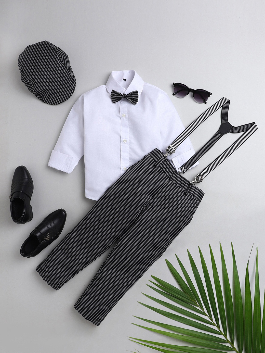 

BAESD Boys Silk Cotton Shirt & Striped Trousers With Suspenders, Black