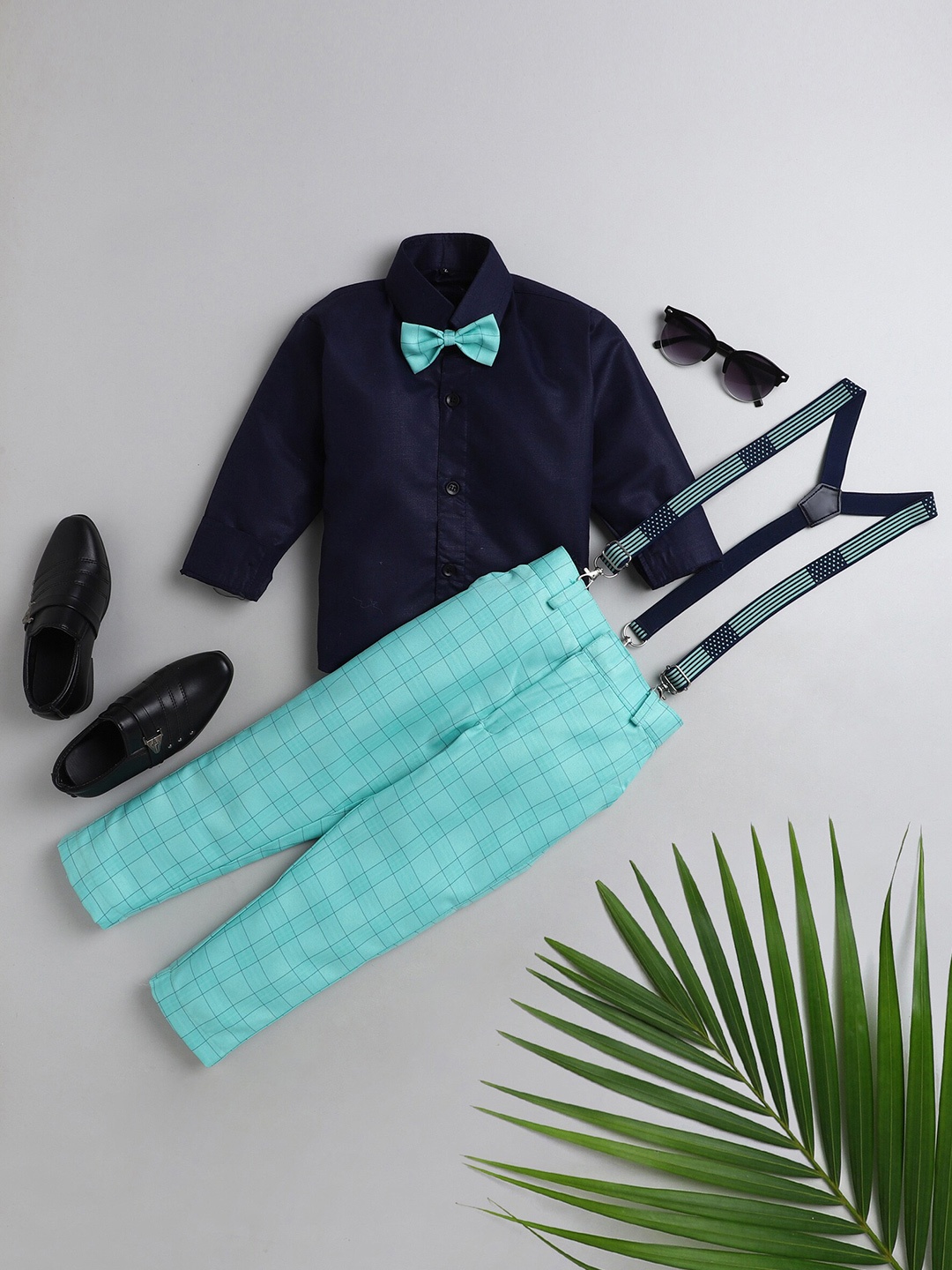 

BAESD Boys Shirt with Checked Trousers And Suspenders, Sea green