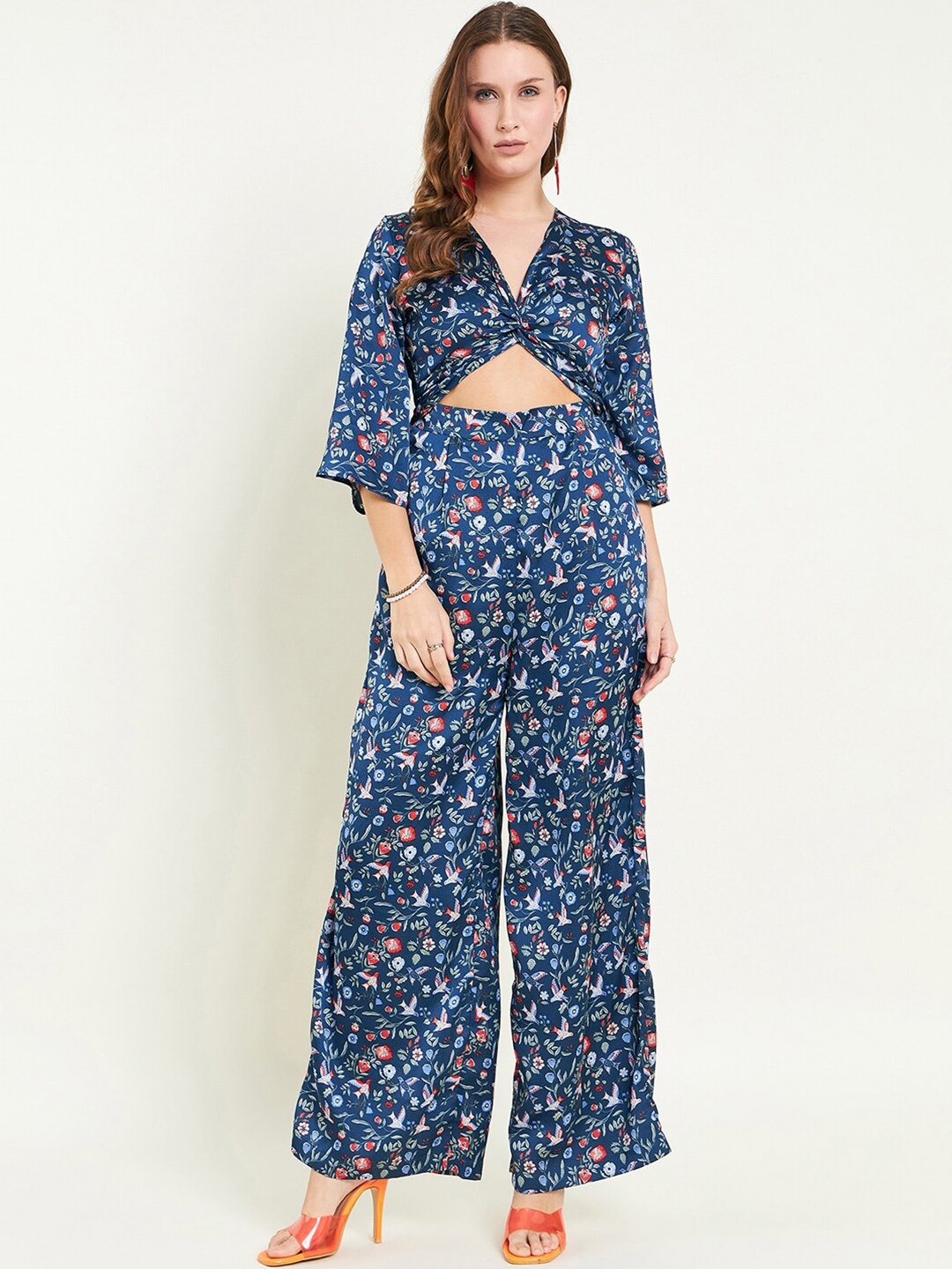JUNE & HARRY Floral Printed V-Neck Basic Jumpsuit, Navy blue