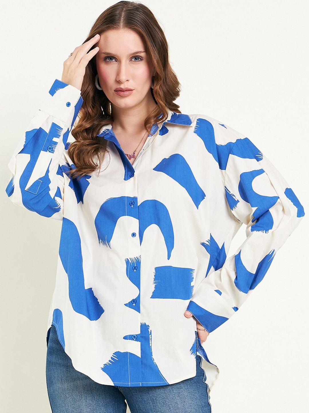 

JUNE & HARRY Abstract Printed Cotton Relaxed Oversized Opaque Shirt, White