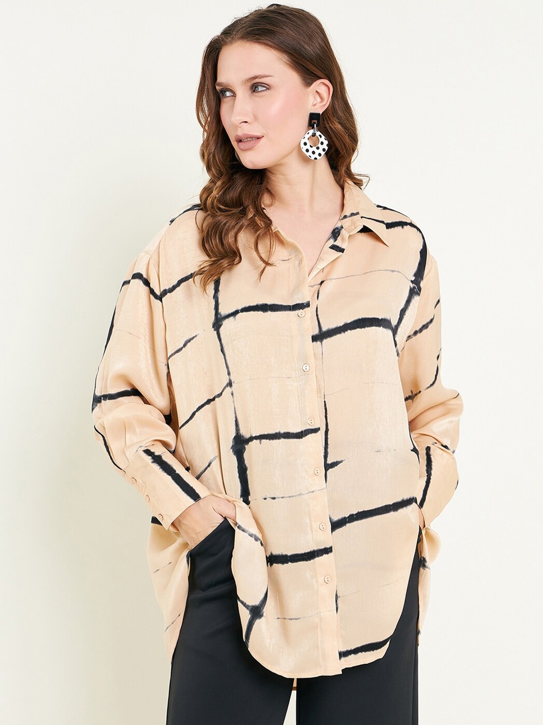 

JUNE & HARRY Checked Satin Relaxed Oversized Opaque Shirt, Champagne