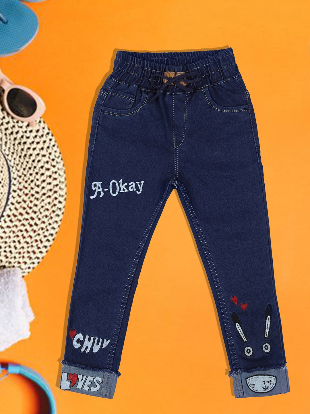 

A-Okay Boys Clean Look Embroidered Slim Fit Cotton Denim Jeans, Navy blue