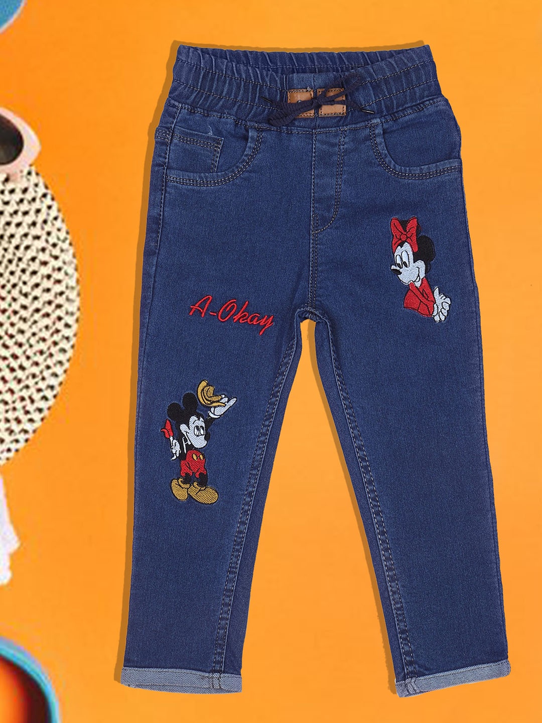 

A-Okay Boys Mickey & Minnie Embroidered Slim Fit High-Rise Cotton Denim Jogger Jeans, Blue