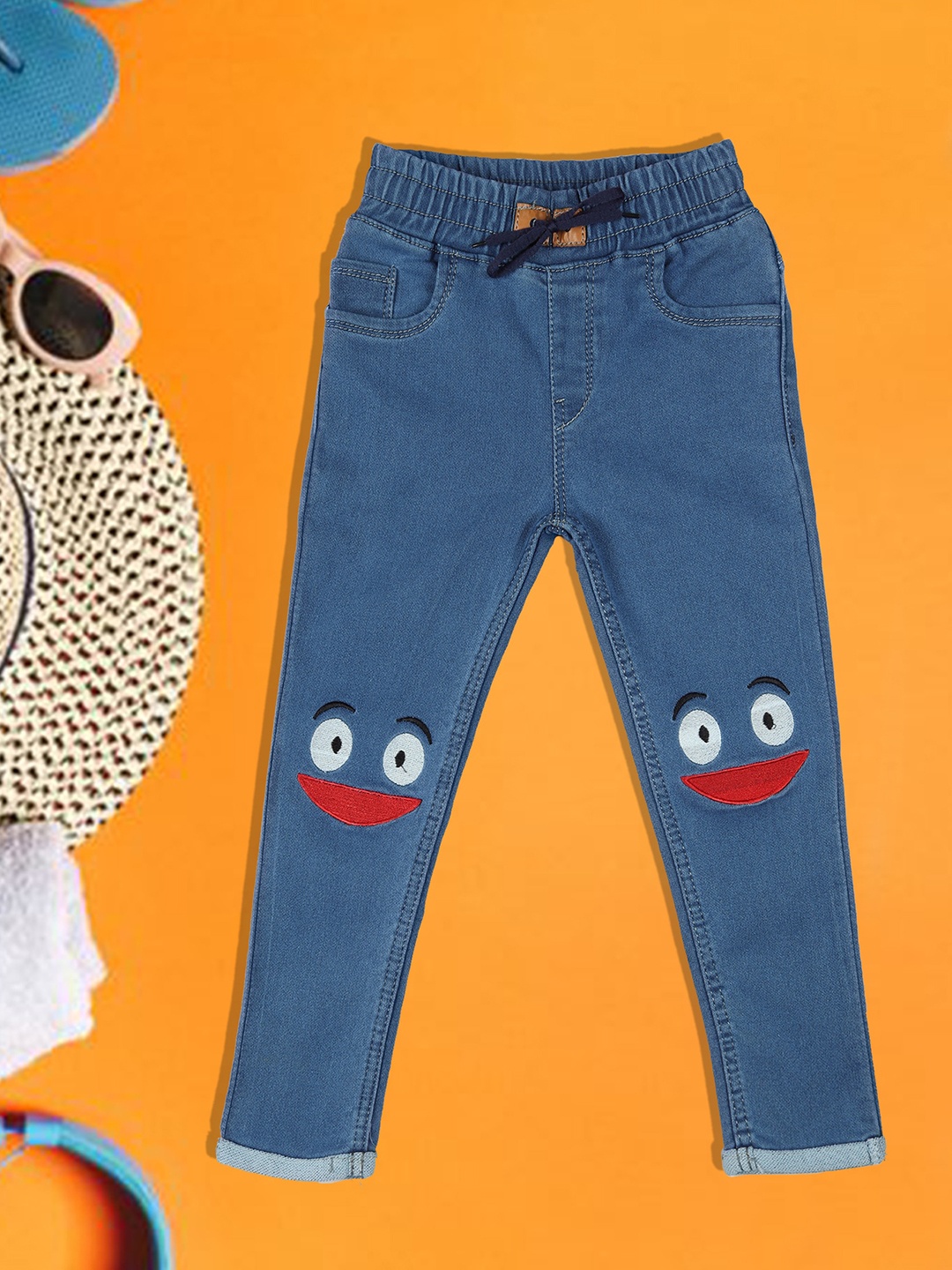 

A-Okay Boys Slim Fit High-Rise Embroidered Cotton Denim Jogger Jeans, Blue