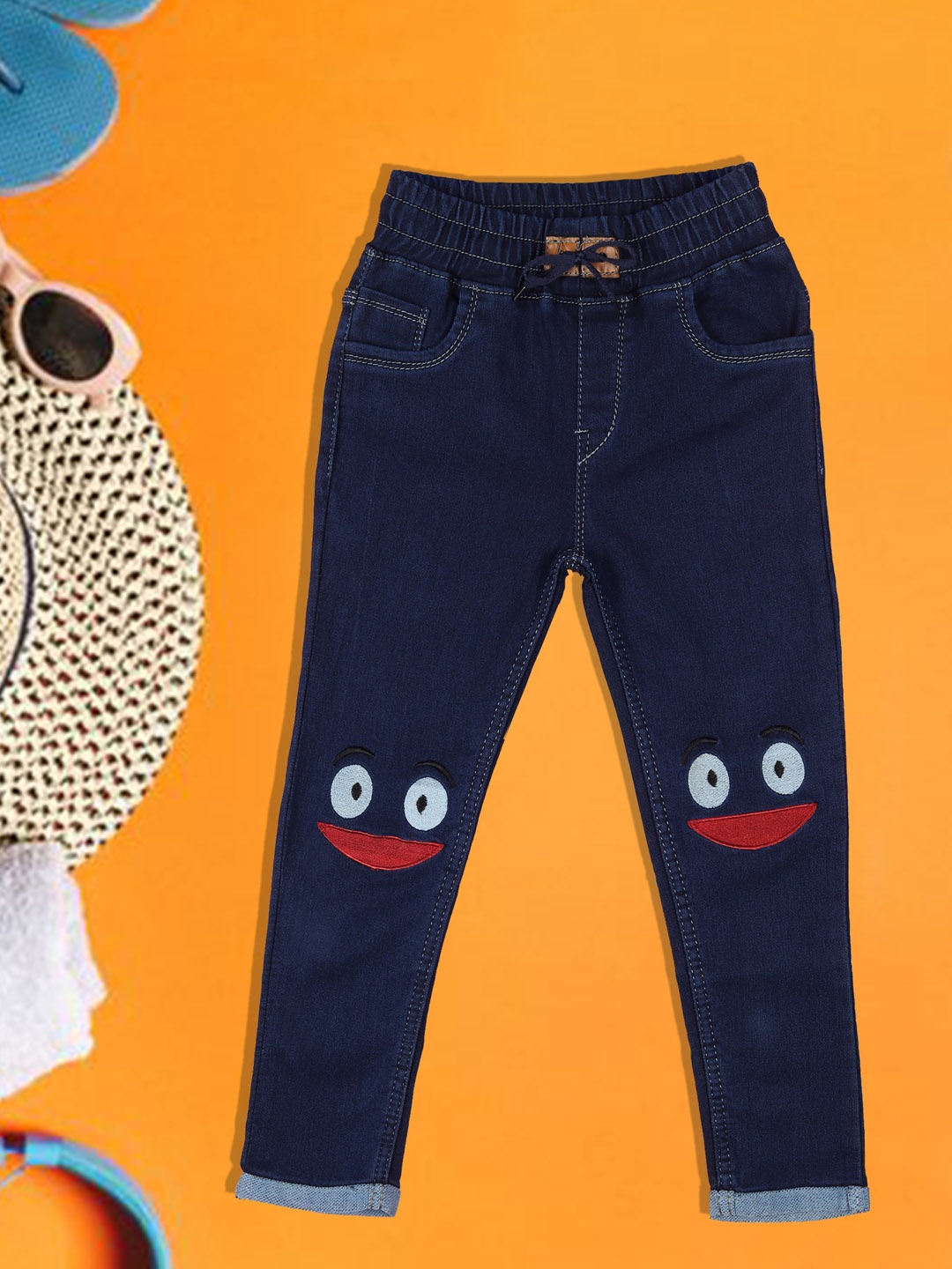 A-Okay Kids Slim Fit High-Rise Embroidered Cotton Denim Jogger Jeans, Blue