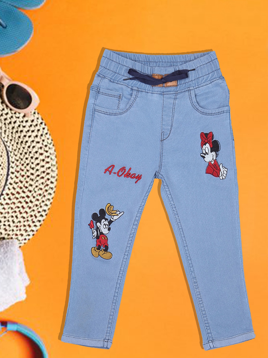 

A-Okay Kids Mickey & Minnie Embroidered Slim Fit High-Rise Trousers, Blue