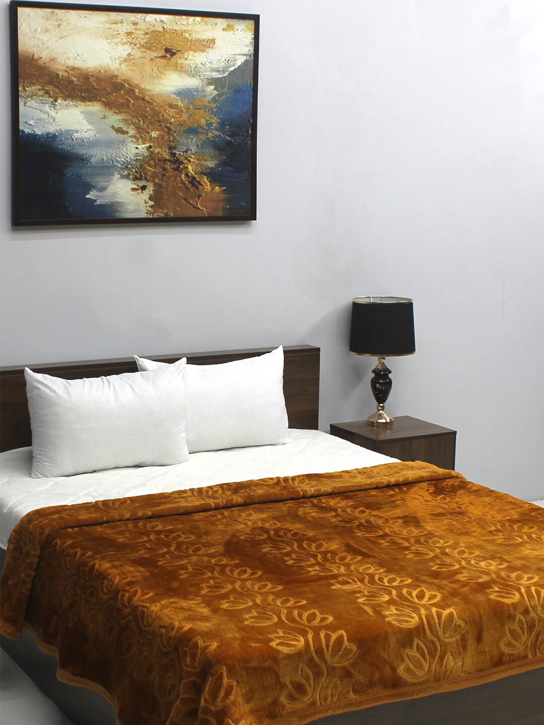 

Rubix Home All Season Camel Brown Floral AC Room 300 GSM Double Mink Blanket