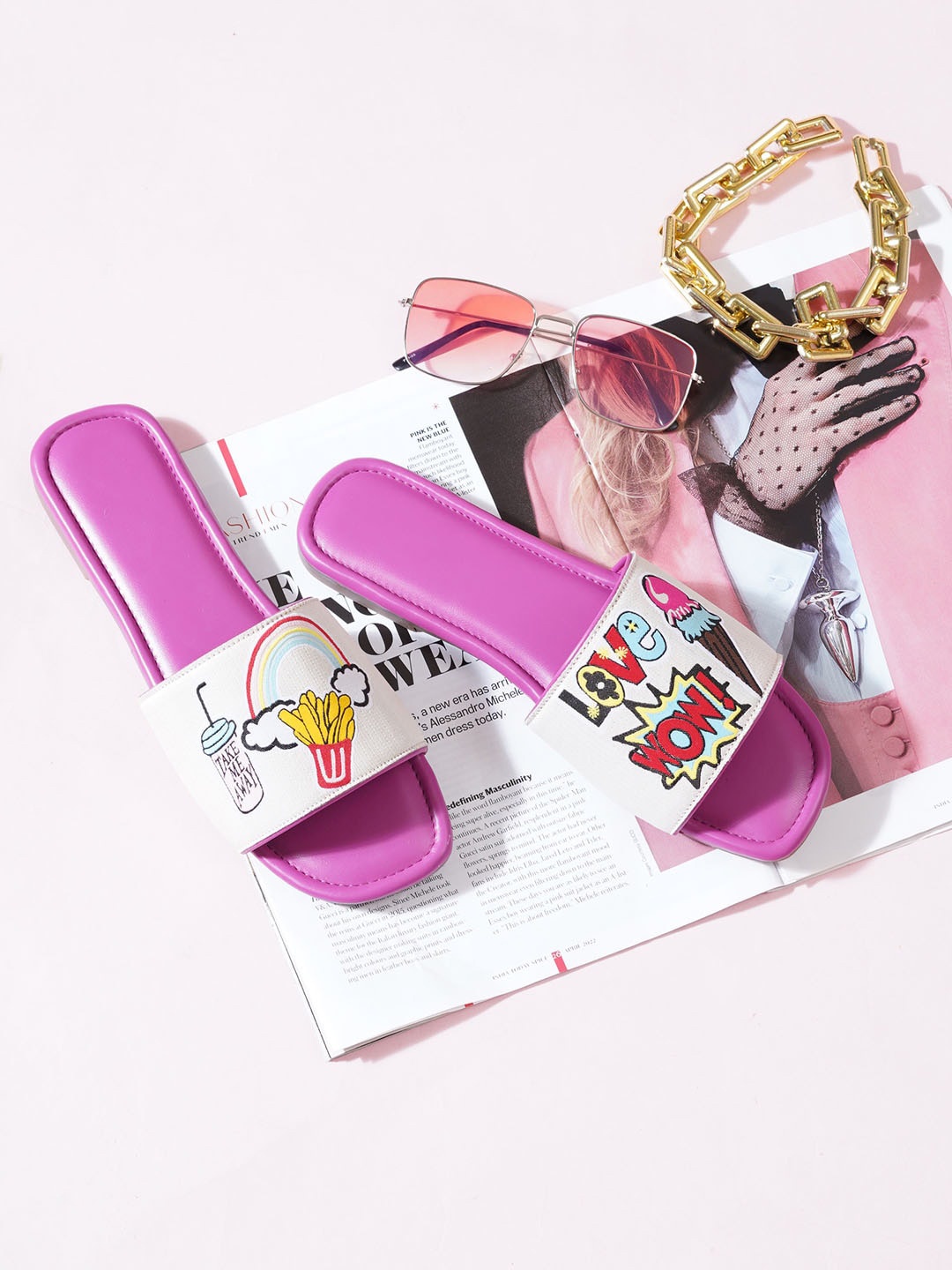 

HASTEN Printed Open Toe Flats, Pink