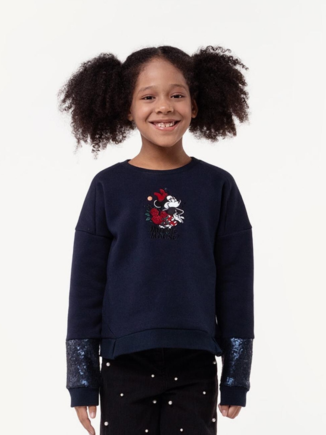 

One Friday Girls Mickey Mouse Printed Round Neck Cotton Pullover Sweatshirt, Navy blue