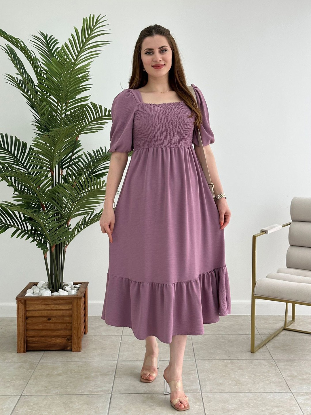 

SHEETAL Associates Puff Sleeve Smocked Fit & Flare Midi Dress, Mauve