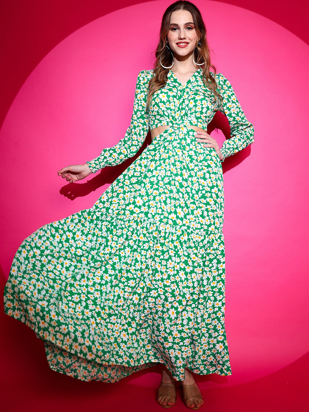 

SHEETAL Associates Floral Print V-Neck Cut-Out Crepe Maxi Dress, Green