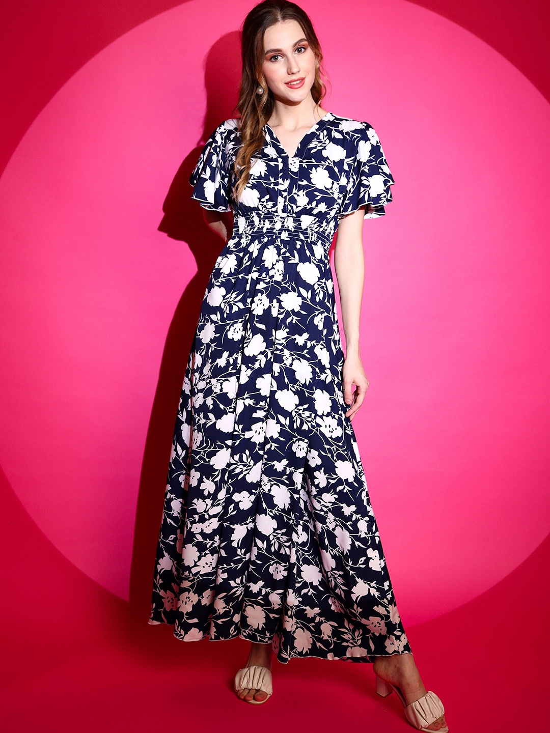 

SHEETAL Associates Floral Printed V-Neck Flutter Sleeve Gathered Maxi Dress, Blue
