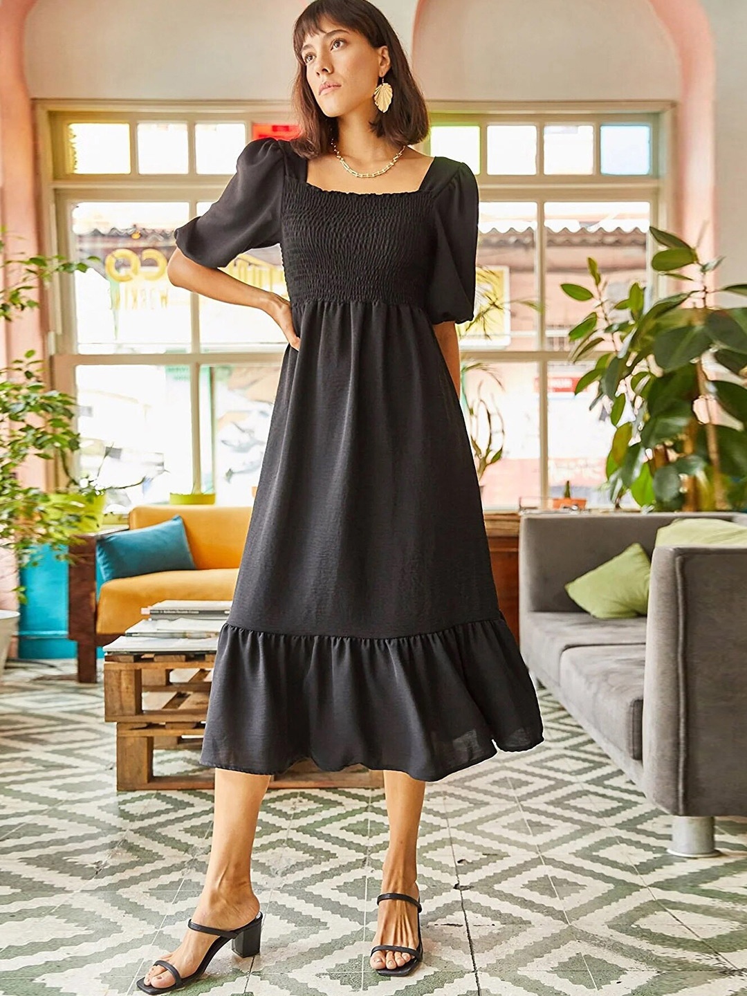 

SHEETAL Associates Smocked Fit and Flare Midi Dress, Black