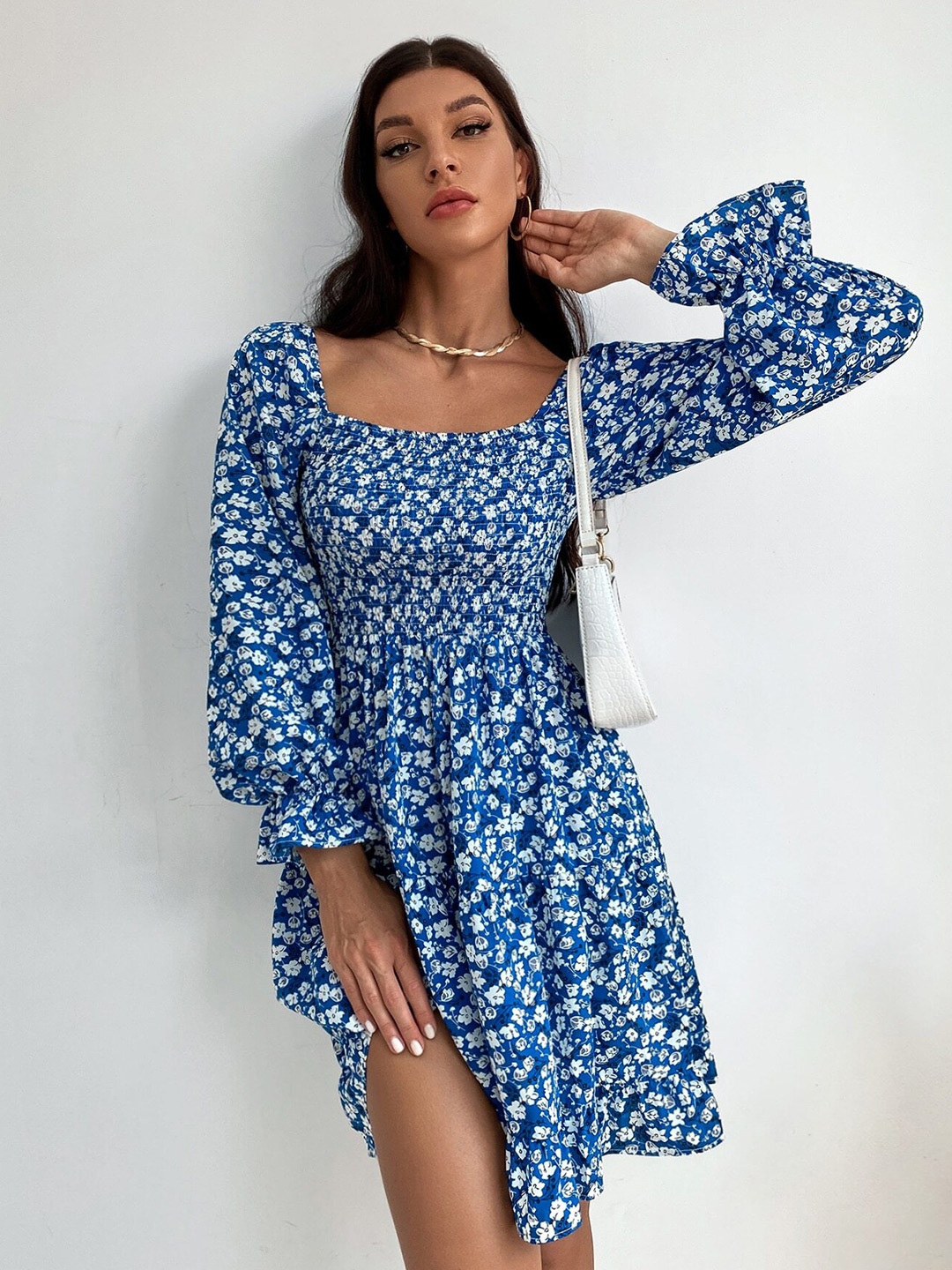 

SHEETAL Associates Floral Printed Square Neck Puff Sleeve Smocked Fit & Flare Dress, Blue