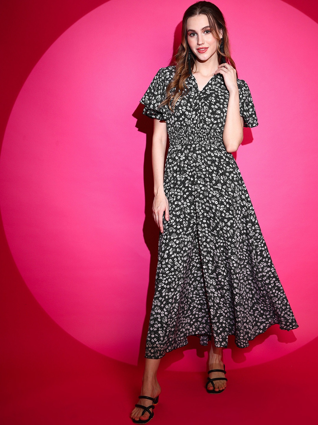 

SHEETAL Associates Floral Print Smocked Crepe Maxi Dress, Black