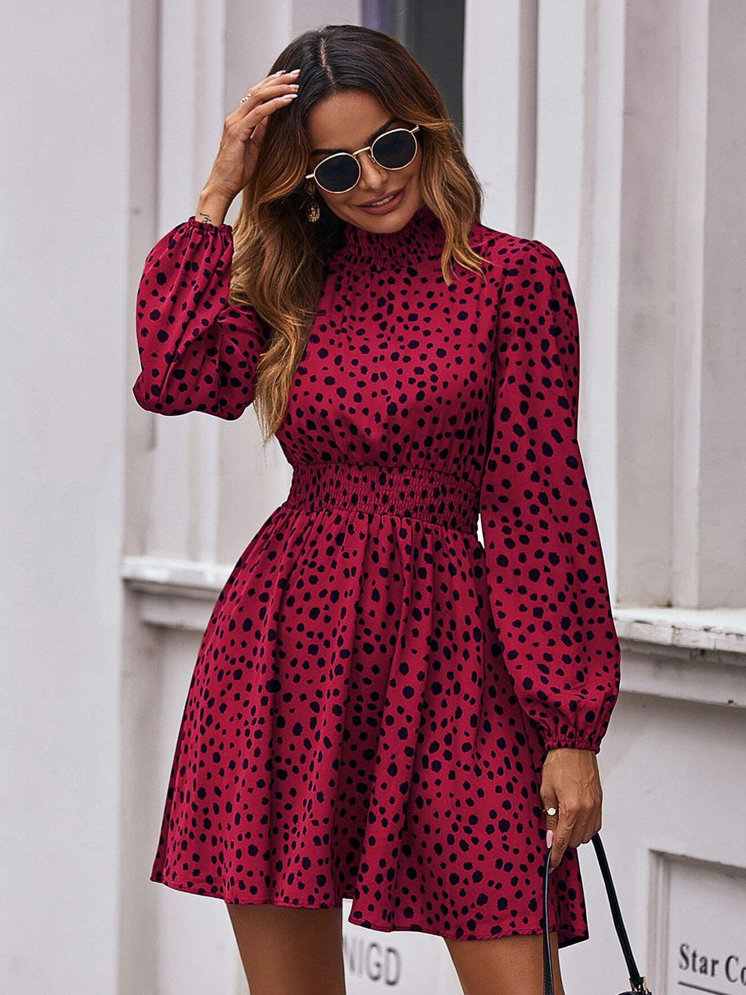 

SHEETAL Associates Abstract Printed High Neck Puff Sleeve Smocked Fit & Flare Dress, Red