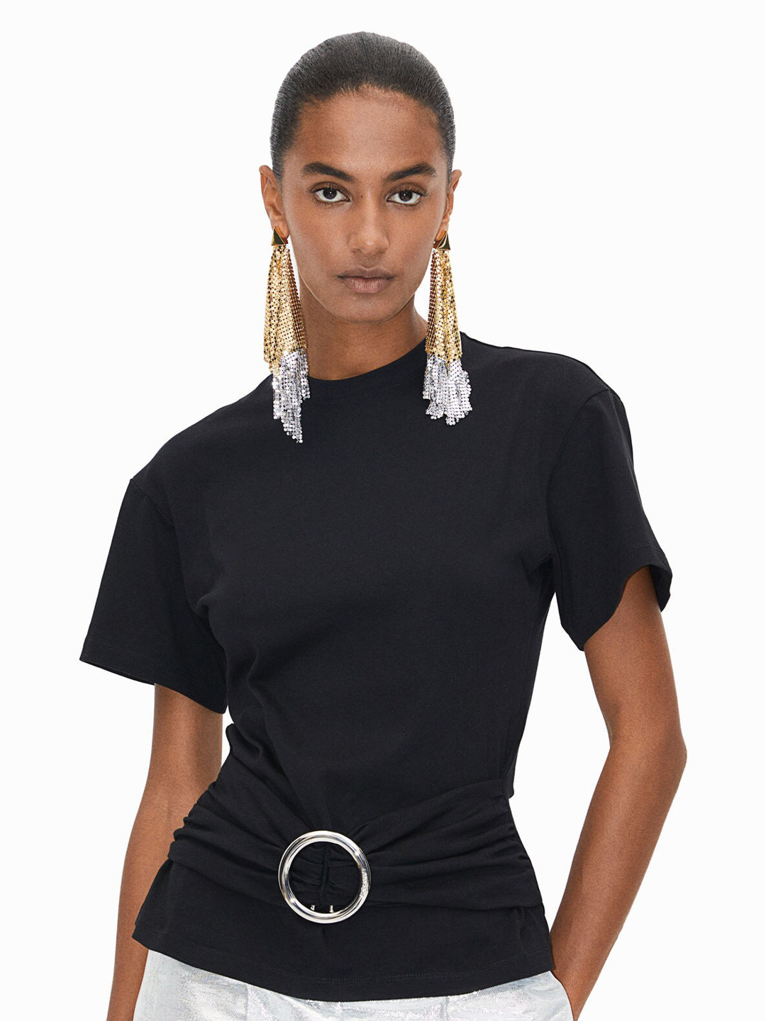

H&M Pure Cotton Buckle-Detail T-Shirt, Black