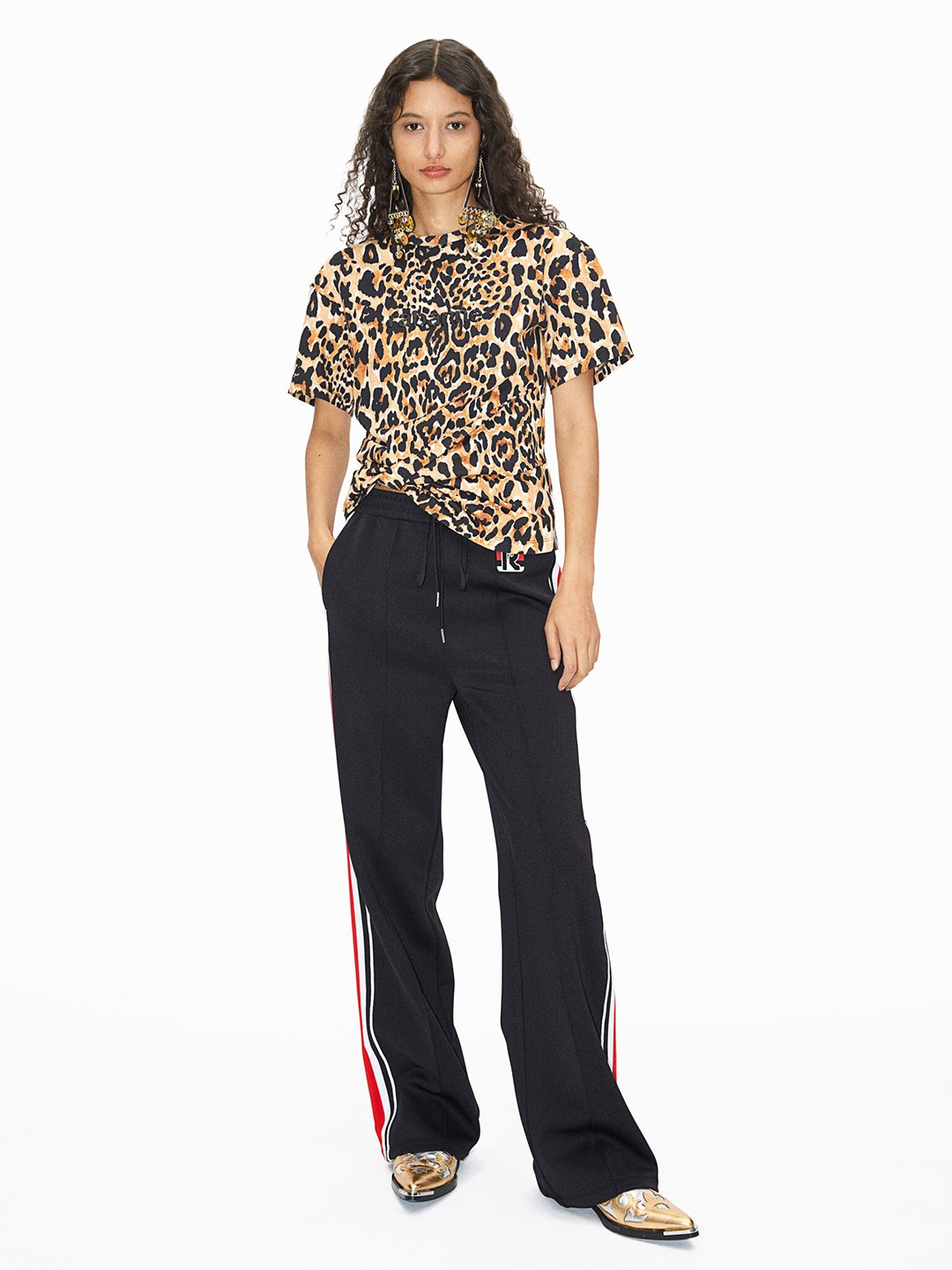 H&M Pure Cotton Leopard-Print Twist-Detail T-Shirt, Beige