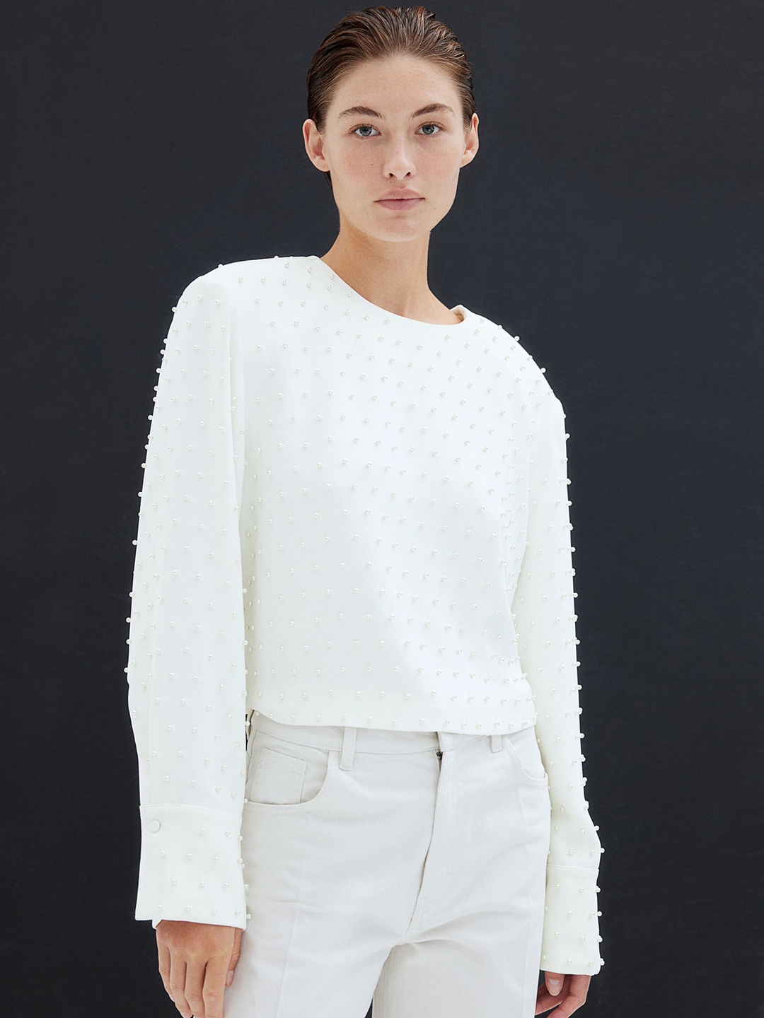 H&M Bead-Embellished Blouse, White