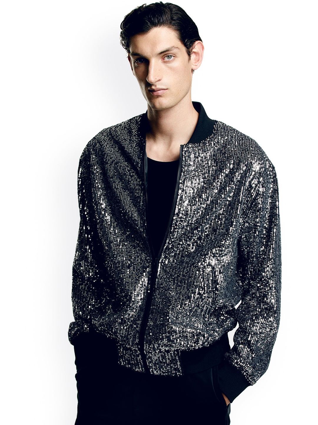

H&M Regular Fit Sequined Bomber Jacket, Black