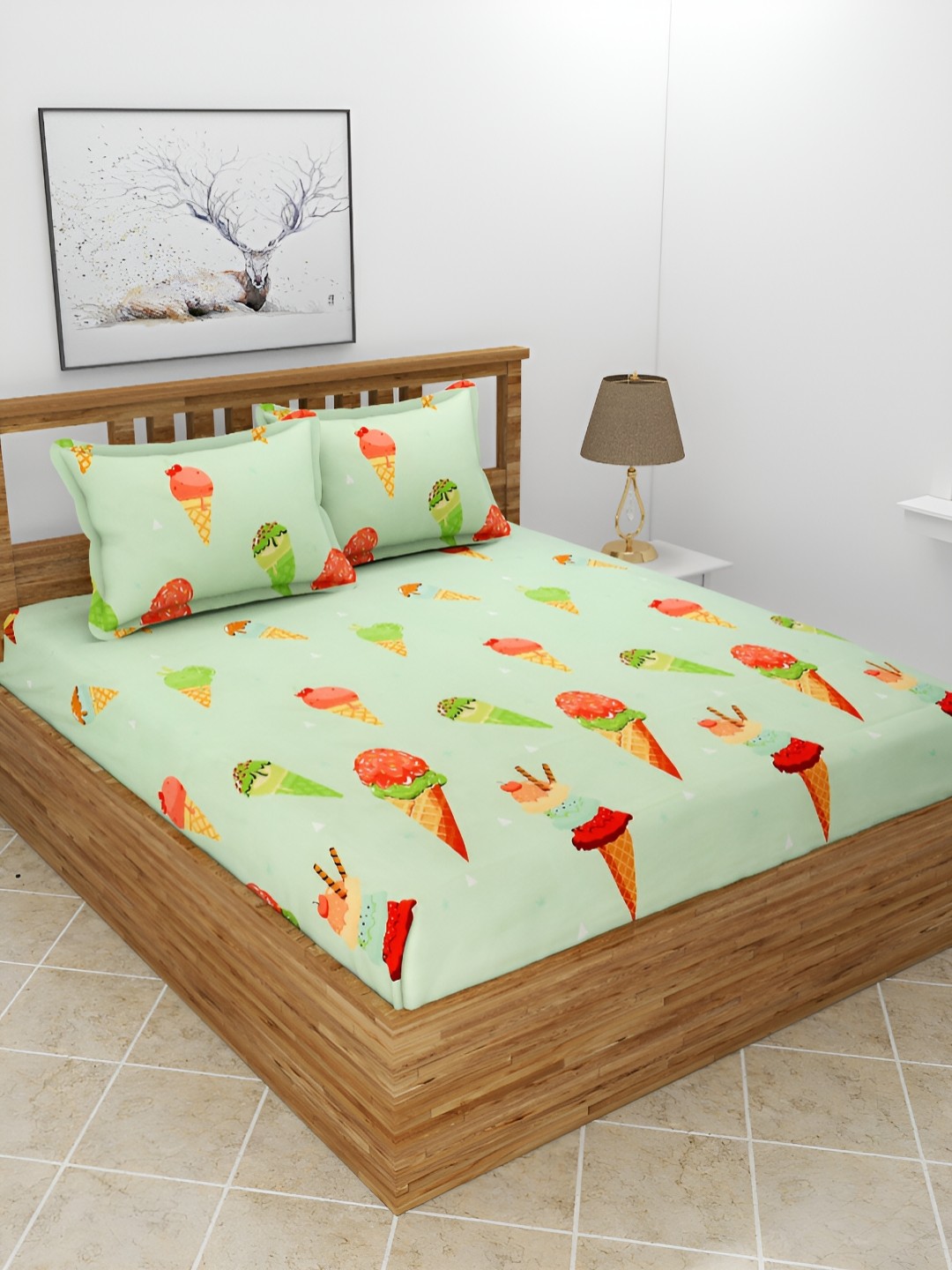 

BREVARD Green & Orange Printed 210 TC Queen Bedsheet With 2 Pillow Covers
