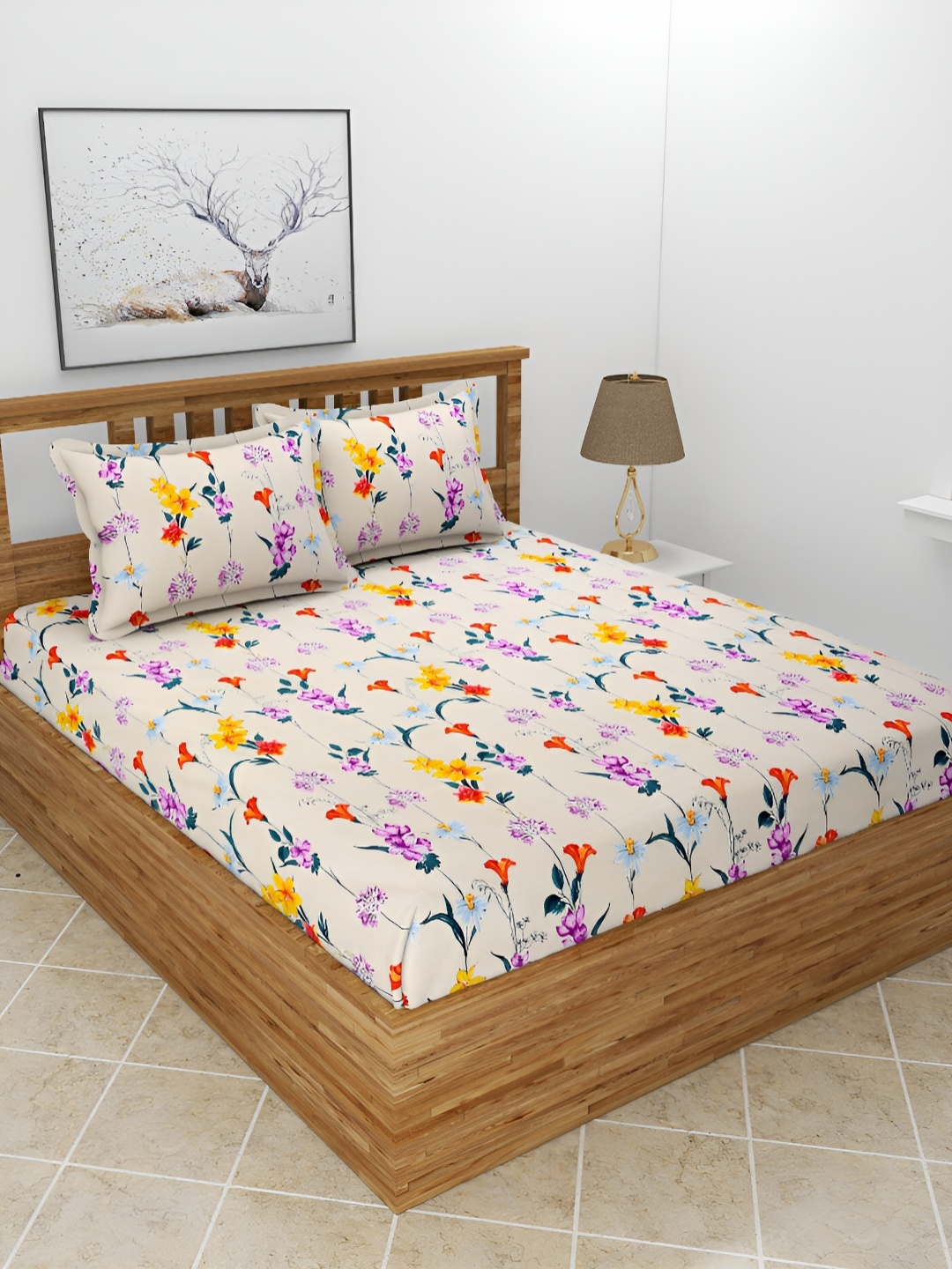 

BREVARD Off White & Yellow Floral 210 TC Queen Bedsheet with 2 Pillow Covers