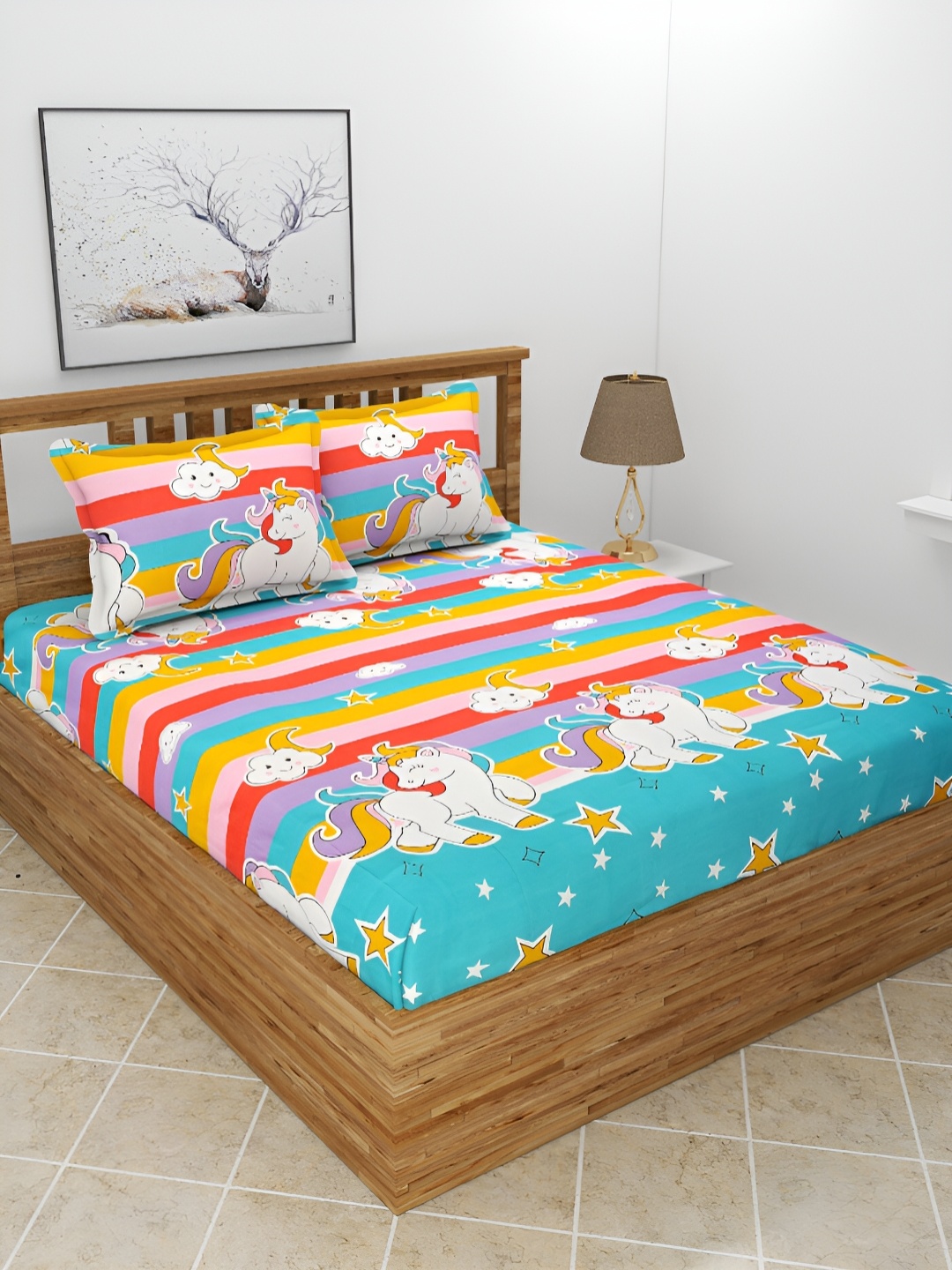 

BREVARD Blue & Yellow Conversational 210 TC Queen Bedsheet with 2 Pillow Covers