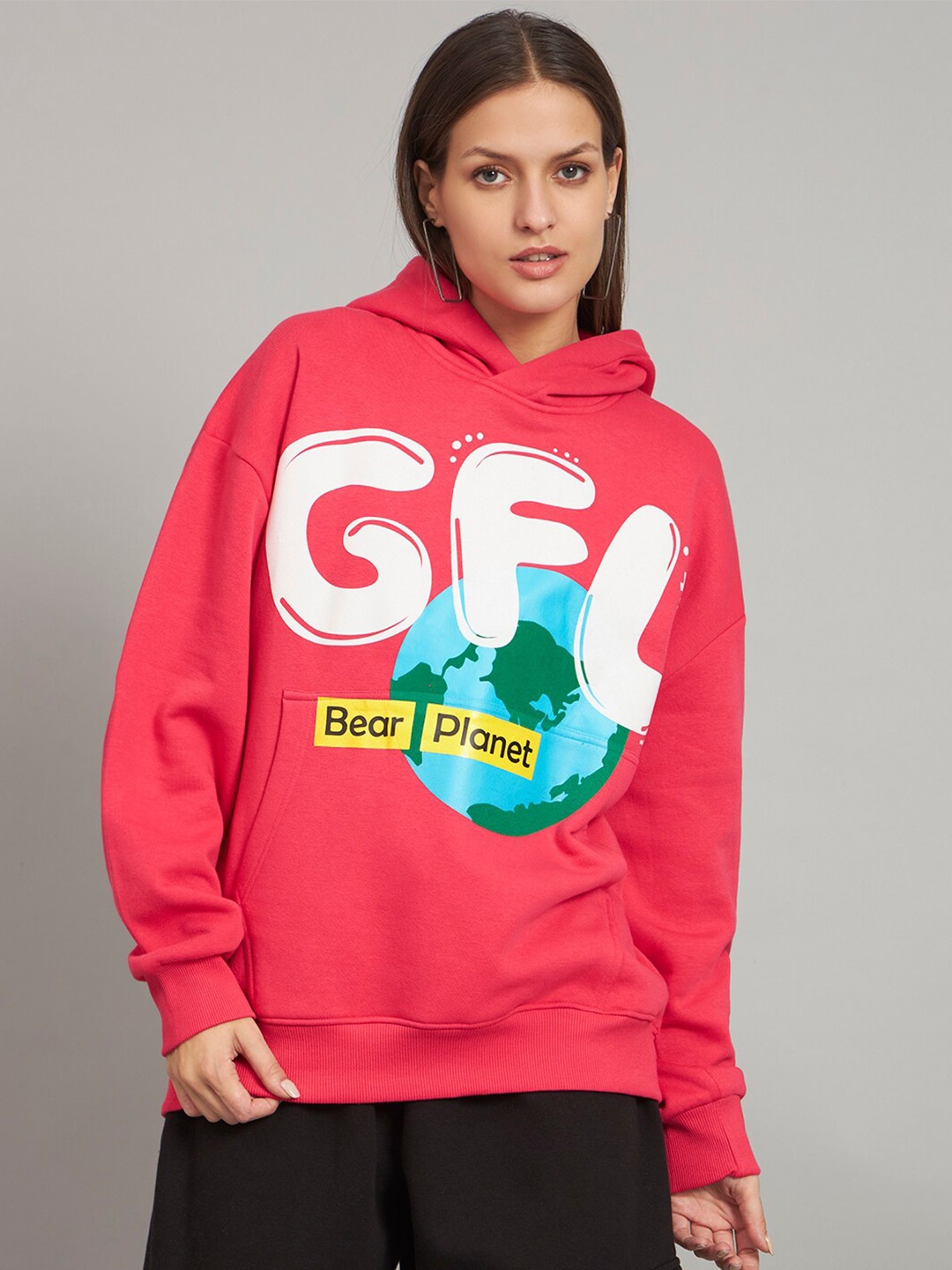 

GRIFFEL Graphic Printed Hooded Fleece Pullover Sweatshirt, Coral