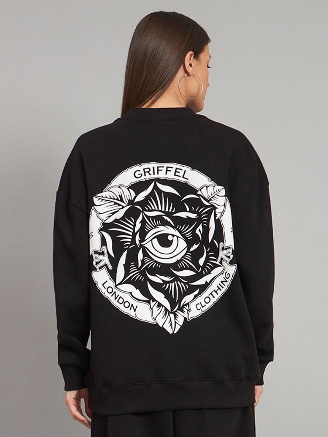 GRIFFEL Graphic Printed Fleece Pullover Sweatshirt, Black