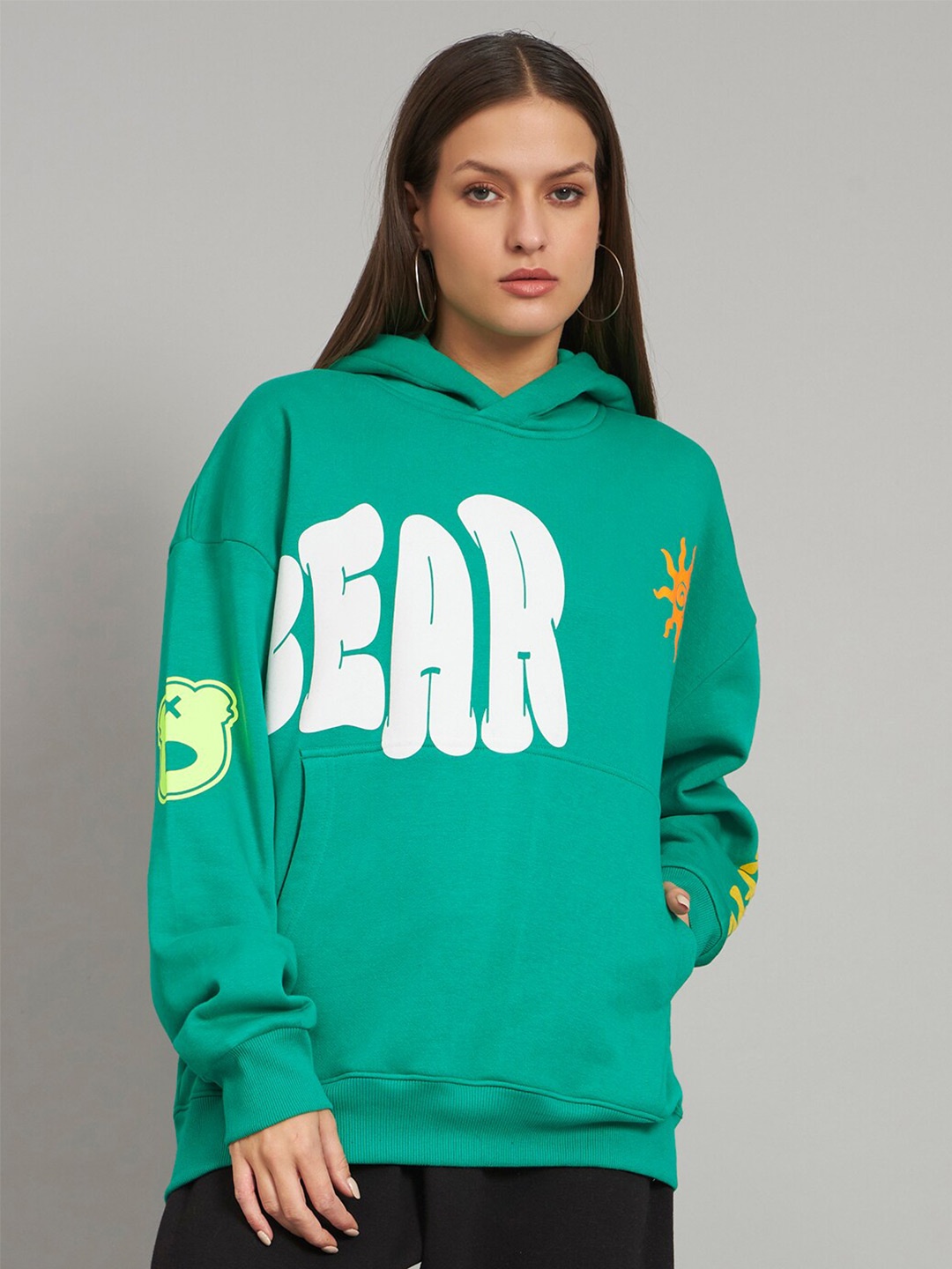 

GRIFFEL Typography Printed Hooded Fleece Pullover, Green