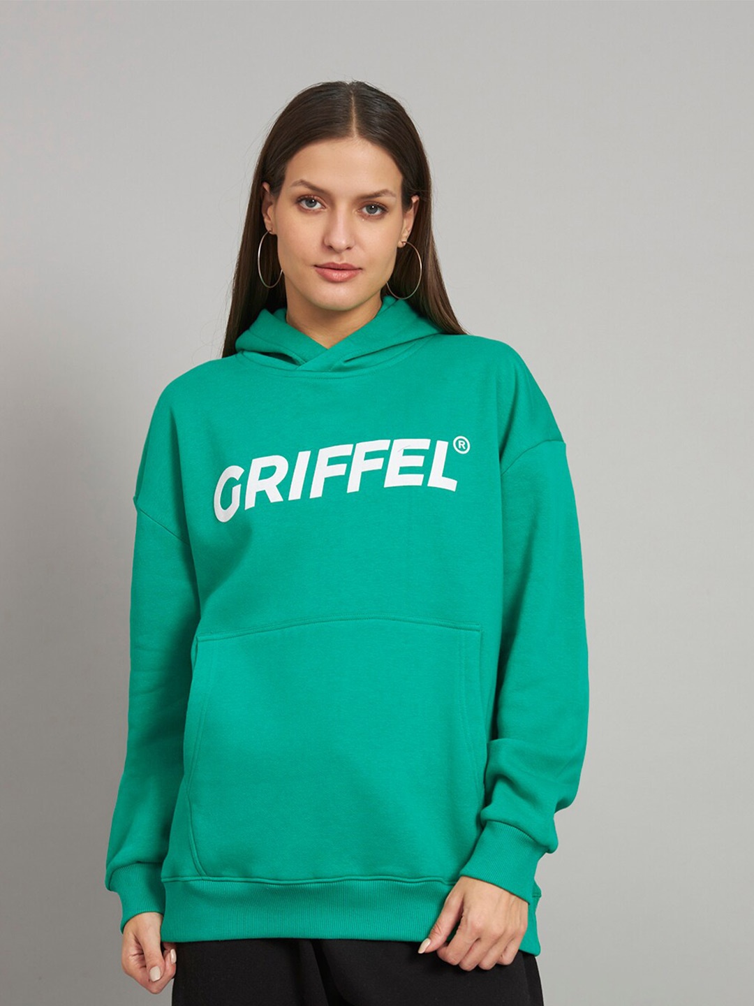 

GRIFFEL Green Brand Logo Typography Printed Long Sleeves Hood Pullover Sweatshirt