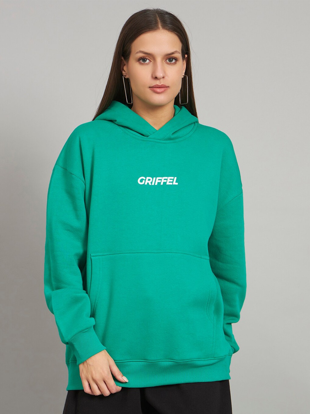 

GRIFFEL Brand Logo Printed Hooded Fleece Pullover Sweatshirt, Green