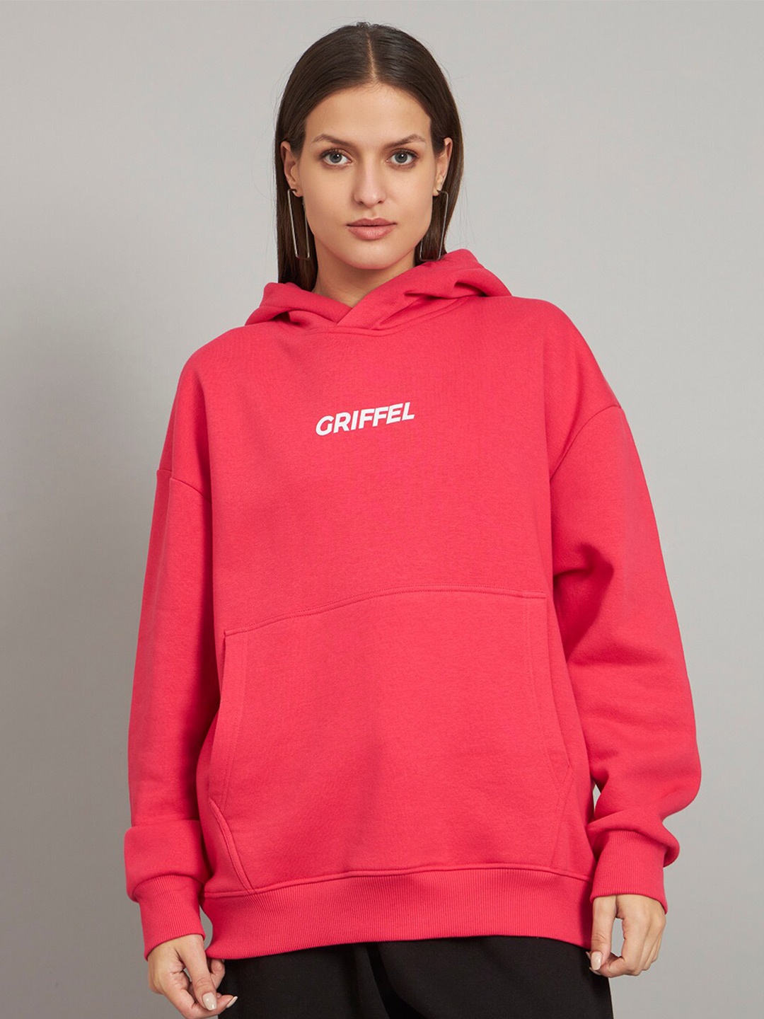 

GRIFFEL Typography Printed Hooded Pullover Fleece Sweatshirt, Pink